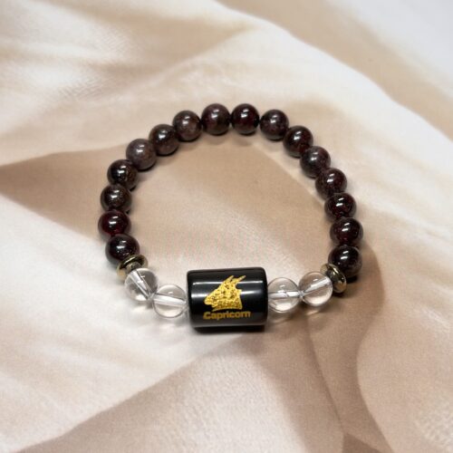 IMG_0868 Capricorn Zodiac Bracelet 7 Inch | Almandine Garnet + Clear Quartz