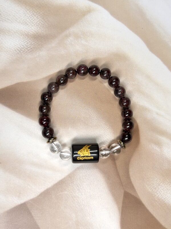 IMG_0869 Capricorn Zodiac Bracelet 7 Inch | Almandine Garnet + Clear Quartz