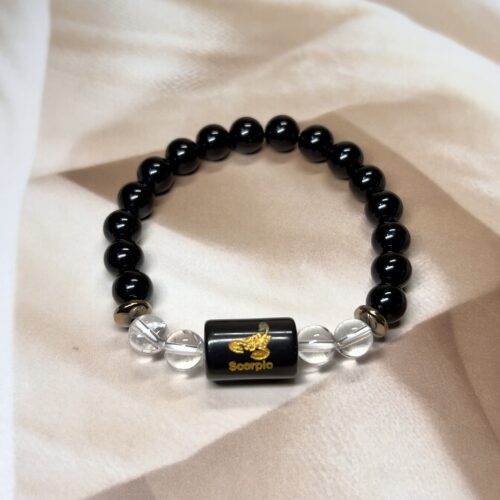 IMG_0920 Scorpio Zodiac Bracelet 7 Inch | Black Obsidian + Clear Quartz