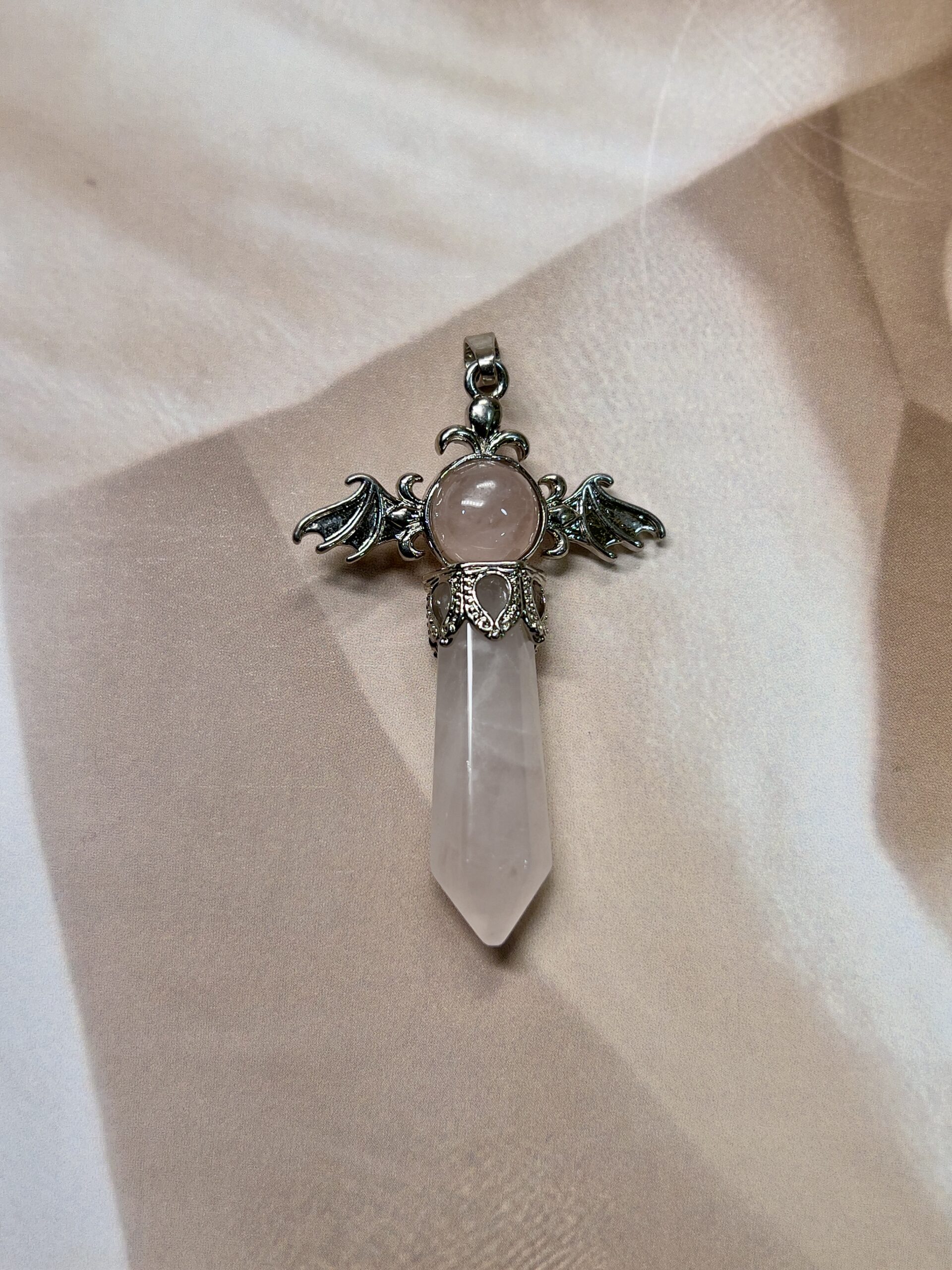 Rose Quartz Celestial Wing Pendant | German Silver