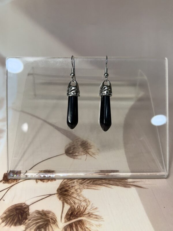 Black Obsidian Crystal Point Earrings (Pair) | German Silver