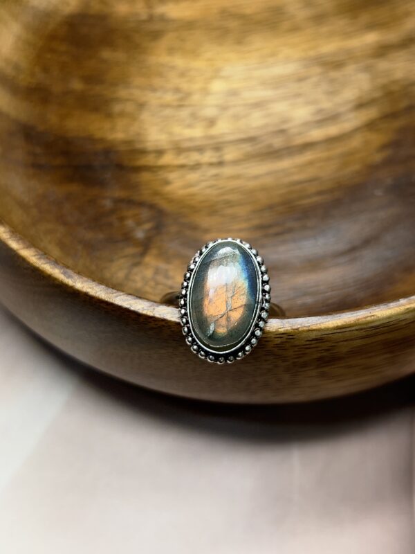Regal Oval Amber Flash Labradorite Ring | German Silver