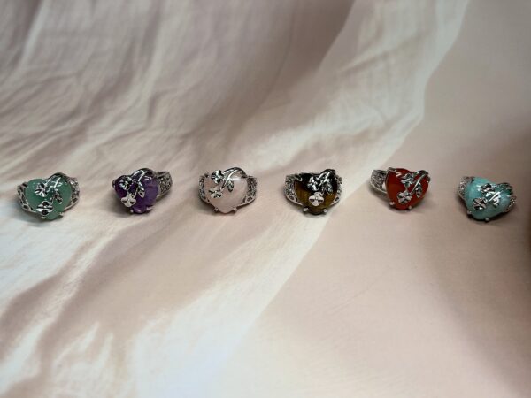 Blooming Heart Crystal Rings | 6 Natural Crystal Options | German Silver
