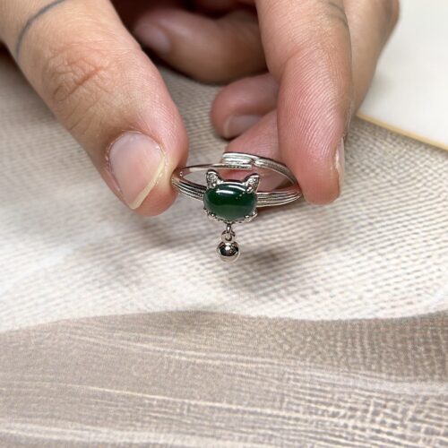 Green Jade Kitty Ring | Adjustable | German Silver
